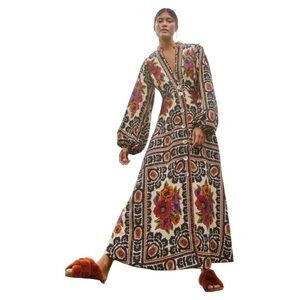 FARM Rio Red and Orange Ruffled Tiered Resort Gown